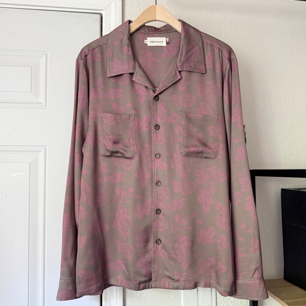 HONOR‎ THE GIFT grey pink rose floral printed long sleeve button up shirt
